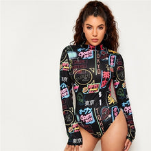 Load image into Gallery viewer, Mock Neck Letter Print Bodysuit For Women